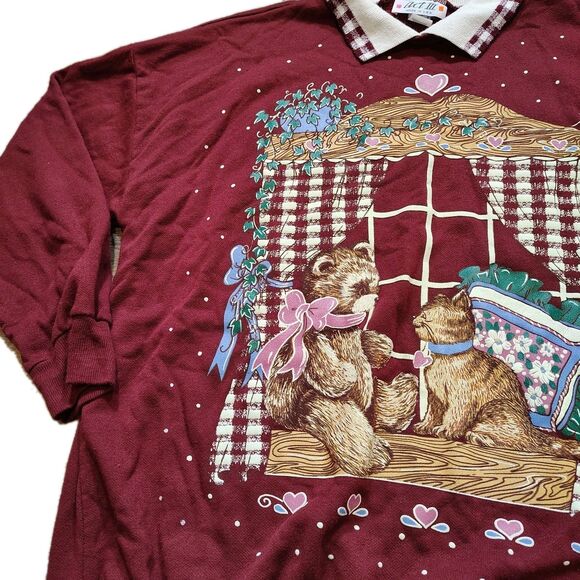 Vtg 90s Bear Sweatshirt Women’s L Maroon Cottagecore Window Scene Cute Kitsch - Picture 2 of 9